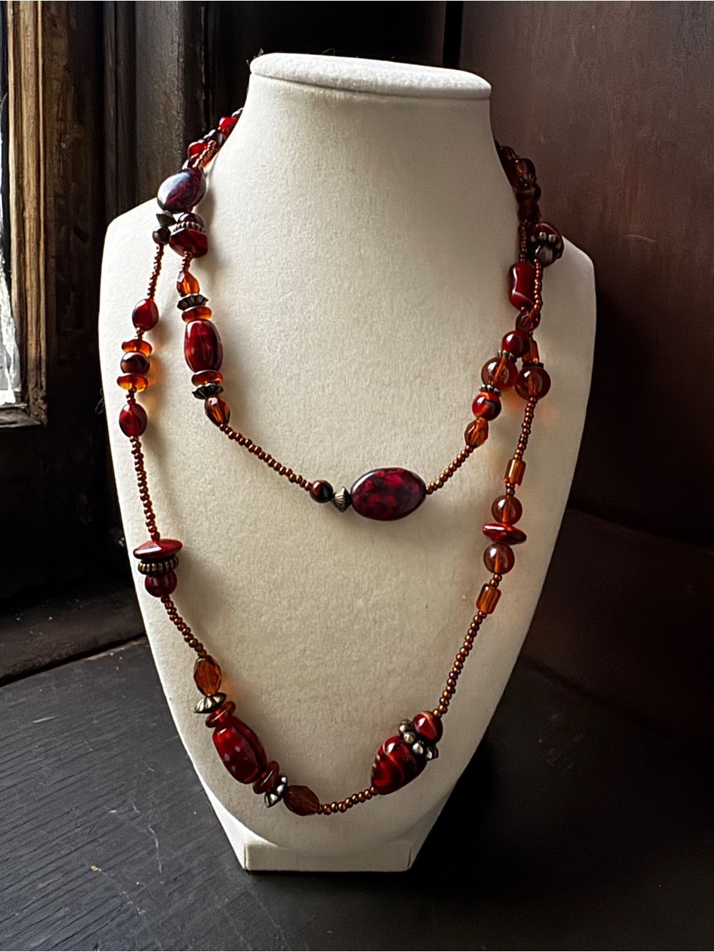 Handcrafted Red Amber Bead Long Necklace - Artisan layered